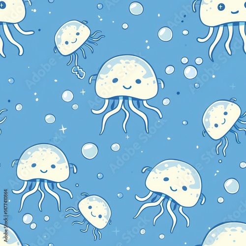 seamless pattern of tiny cartoon starfish and jellyfish icons, simple flat minimal illustration, light pastel colors