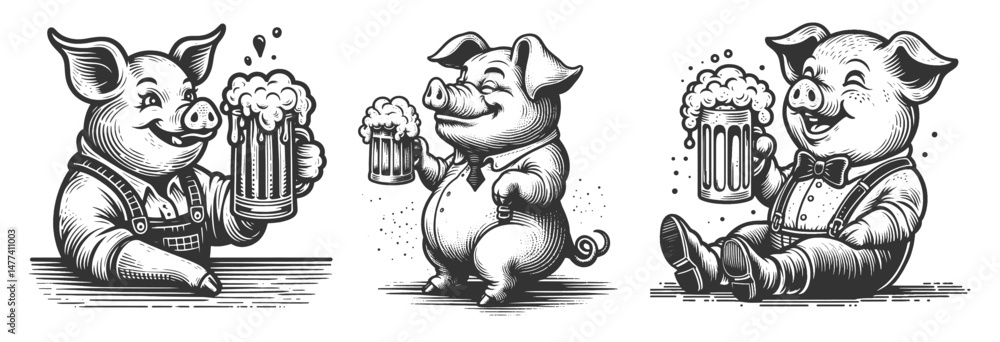 Obraz premium cheerful pigs with beer in celebration Set collection bundle sketch engraving generative ai vector illustration. Scratch board imitation. Black and white image.