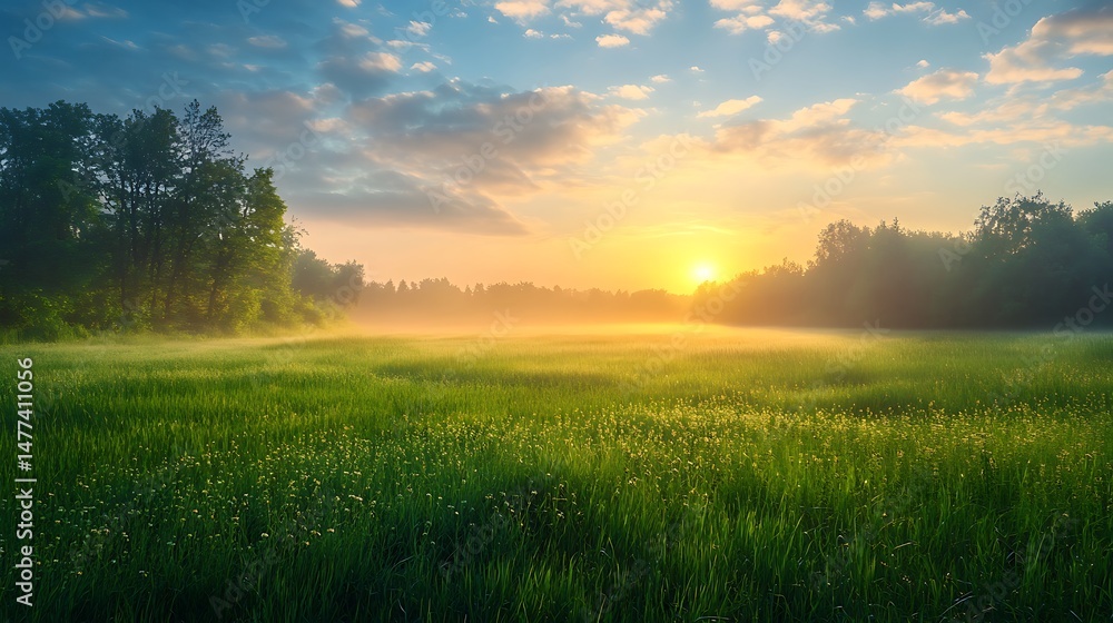 Sunrise over a misty meadow, a tranquil, verdant landscape in soft, warm light. Sunrise over a misty meadow, a tranquil, verdant landscape in soft, warm light.