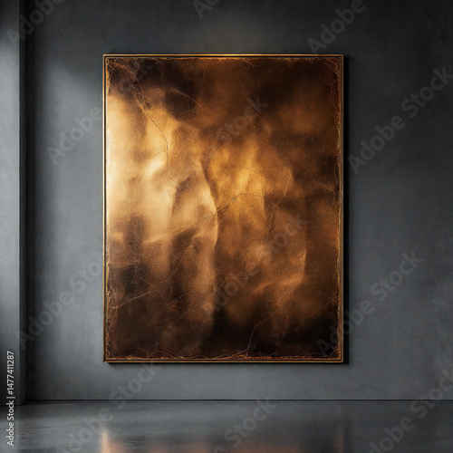Abstract bronze artwork on dark wall 