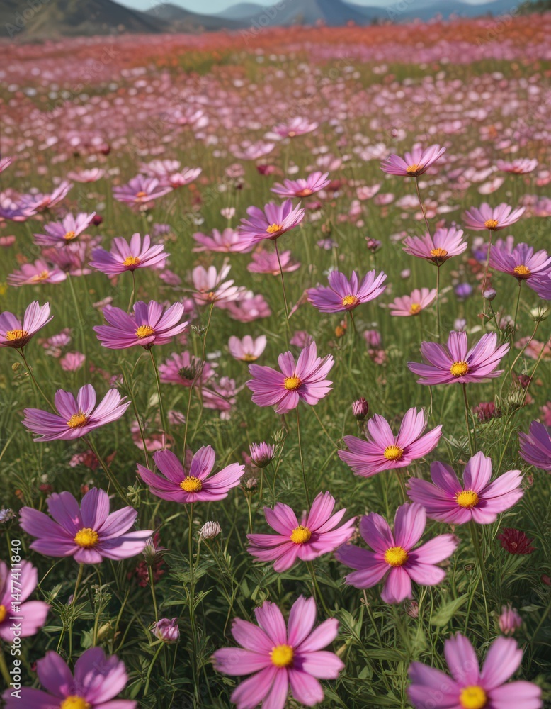 Vast field of vibrant cosmos flowers swaying gently in the breeze , petal, close-up Vast field of vibrant cosmos flowers swaying gently in the breeze , petal, close-up