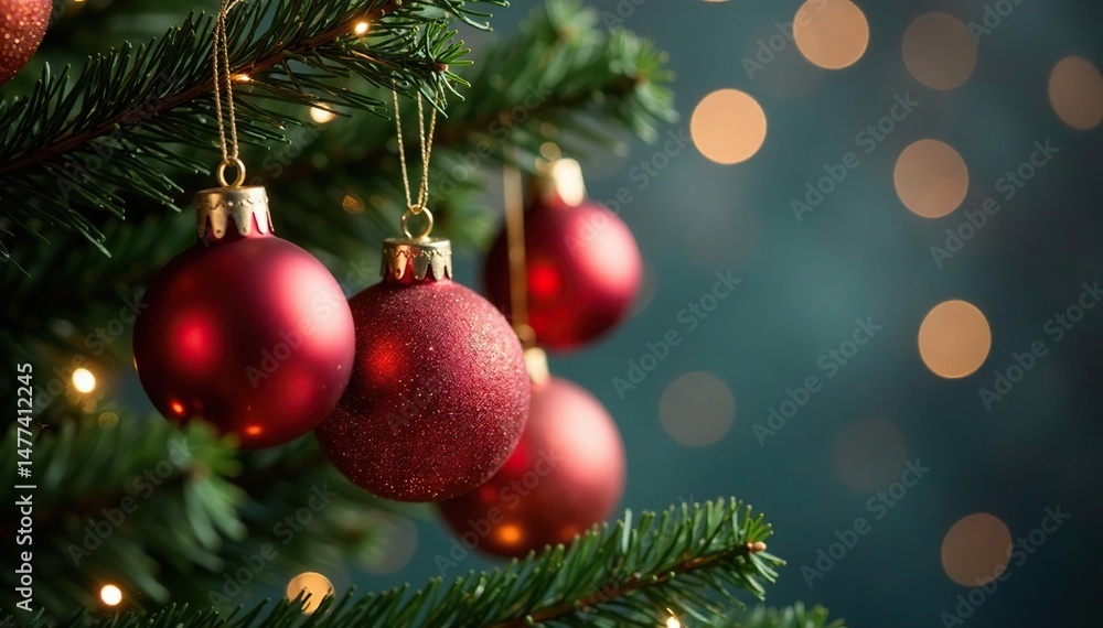 Fototapeta premium Sparkling Christmas tree ornaments hanging on a decorated tree branch , celebration, christmas tree branch, new year