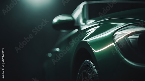 Minimal copy space, edge of green car, close up bokeh photoshoot for dark background product advertising