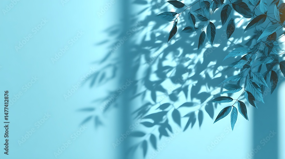 Naklejka premium Minimalistic simple background with blurred foliage shadow on light blue wall, beautiful background for presentation