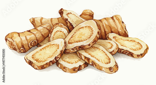 Watercolor Illustration Showcases A Pile Of Dried Galangal Slices Displaying The Spices Subtle Tan And Light Brown Hues Against A Clean White Backdrop Offering A Warm Earthy Visual