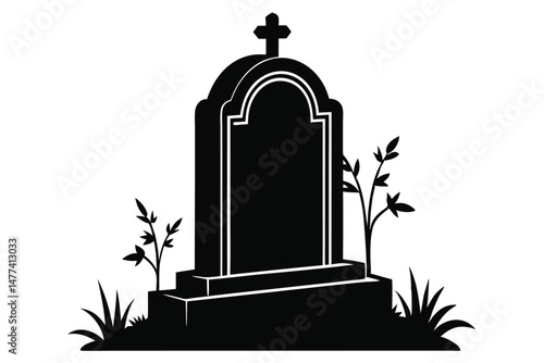 Tombstone Silhouette Featuring a Cross, Small Plants, and Grass Memorial Symbolism Design