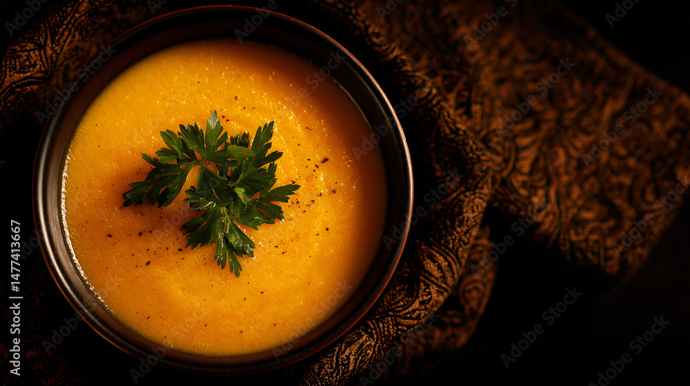 Pumpkin butternut tree squash soup in a sports stadium close up. top view.