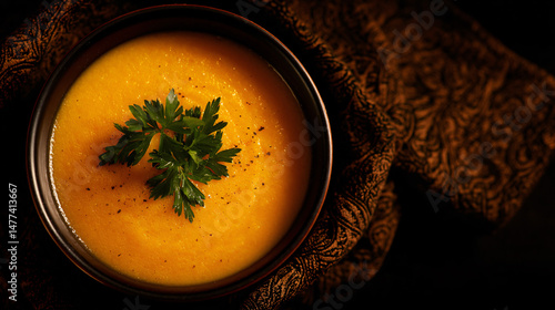 Obraz na płótnie Pumpkin butternut tree squash soup in a sports stadium close up. top view. w salonie
