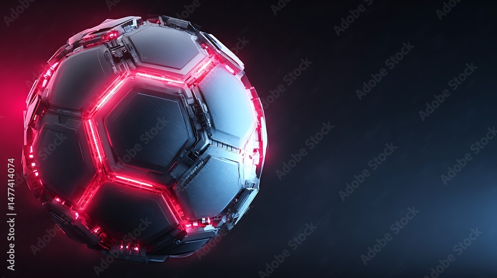 Fototapeta premium Mechanical futuristic soccer ball or football in glossy material with neon glowing stadium details background as banner with copyspace area