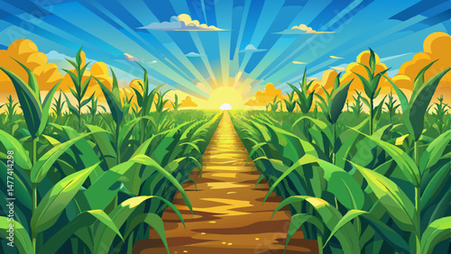  vast field of vibrant green corn stretches toward the horizon, each stalk standing tall under the golden rays of the sun. The sky is a brilliant blue, dotted with fluffy white clouds, casting soft sh
