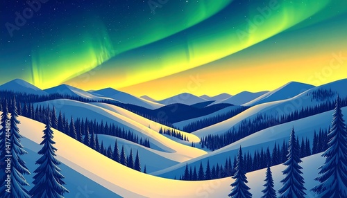 Stunning Night Sky with Northern Lights Illuminating Snowy Mountains and Pine Forests at Dusk