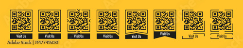 Set of modern QR code designs with "Visit Us" labels in various creative styles on a yellow background — ideal for websites, marketing, or digital use.