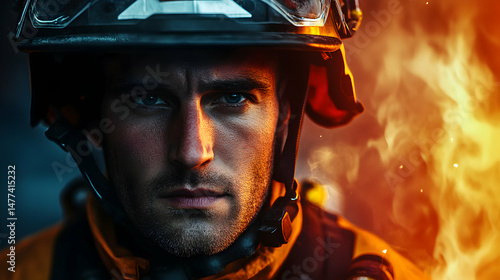 Intense Portrait of Firefighter Against Background of Flames