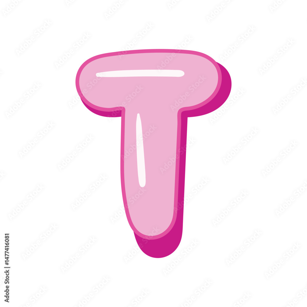 Glossy pink letter T in cartoon bubble style. Cute and playful 3D alphabet design . Isolated on white background Glossy pink letter T in cartoon bubble style. Cute and playful 3D alphabet design . Isolated on white background