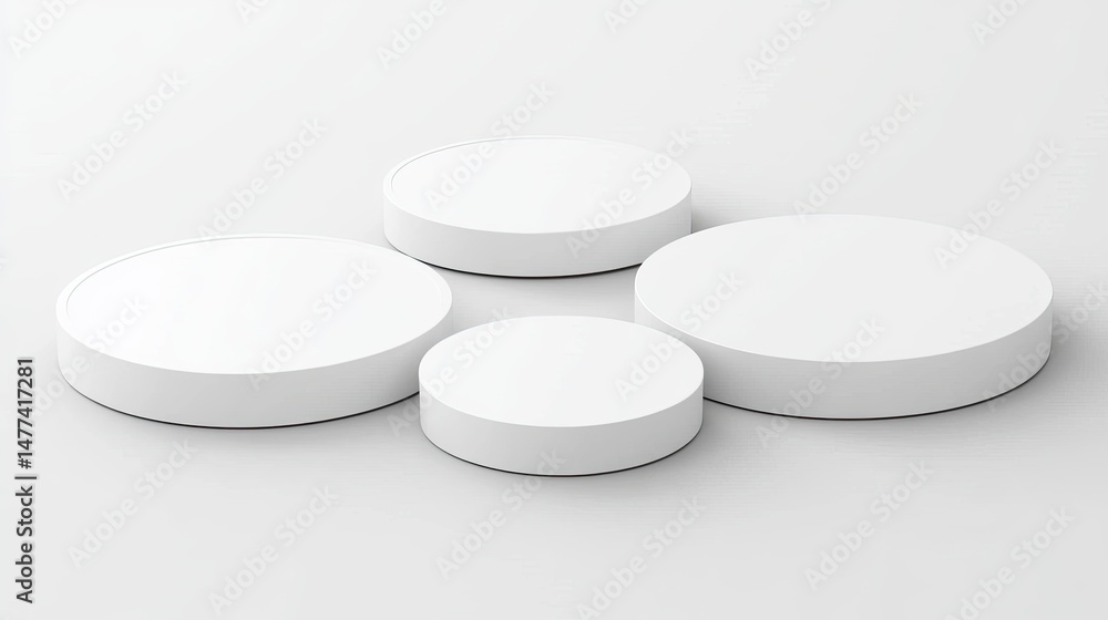 Four blank white cylindrical platforms of varying sizes, arranged asymmetrically on a light gray background. Four blank white cylindrical platforms of varying sizes, arranged asymmetrically on a light gray background.
