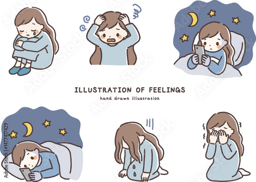 Set of Hand-drawn Illustrations of Women Feeling Stress, Anxiety, and Insomnia
