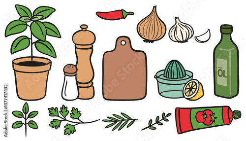 Küchenzutaten und Gewürze Vektorillustration