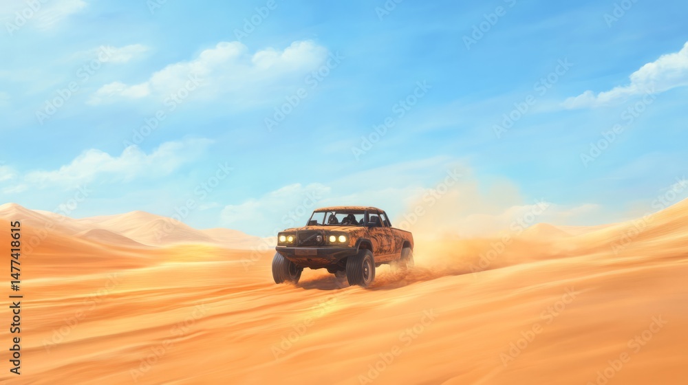 A rusty pickup truck drives through a sandy desert with a clear blue sky and white clouds. A rusty pickup truck drives through a sandy desert with a clear blue sky and white clouds.