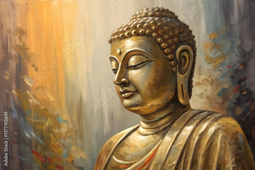 A golden Buddha in an oil painting, vibrant strokes flowing downward with textured depth and soft lighting.