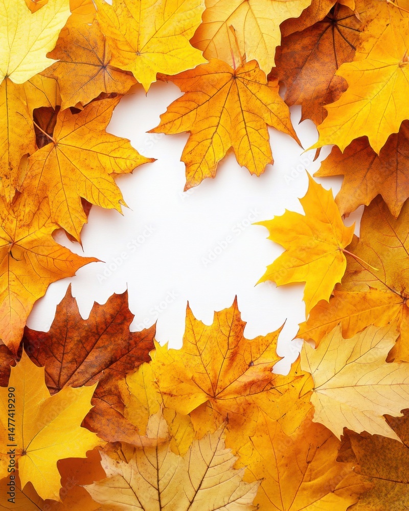 Fototapeta premium Overhead Close Up of Yellow and Brown Maple Leaves Forming a Border on White Background for Autumnal Design