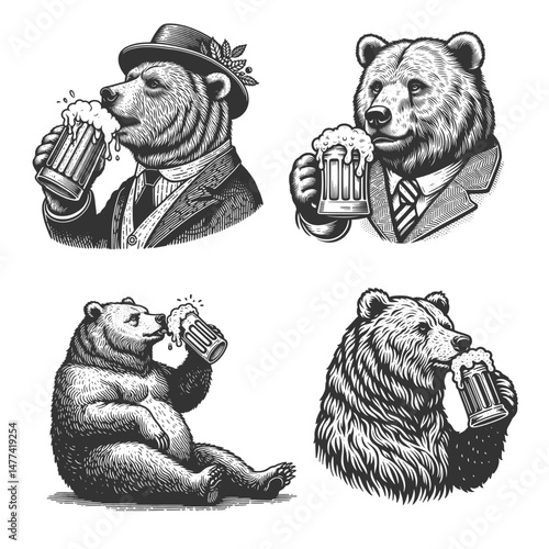 bear drinking frothy beer Set collection bundle sketch engraving generative ai vector illustration. Scratch board imitation. Black and white image.