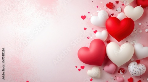 Happy Valentines Day card, background for celebration. A dynamic display of red hearts on a rich red background with sparkling elements.