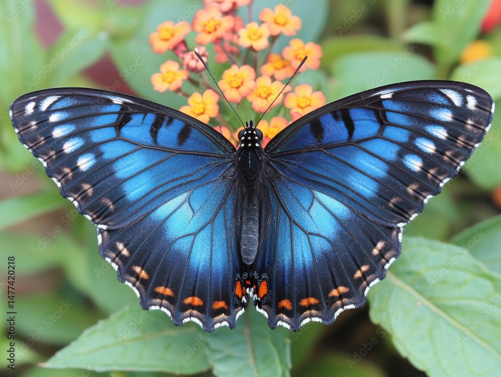 Fototapeta premium Red Spotted Purple Butterfly resting on orange flowers close up view nature wildlife photography