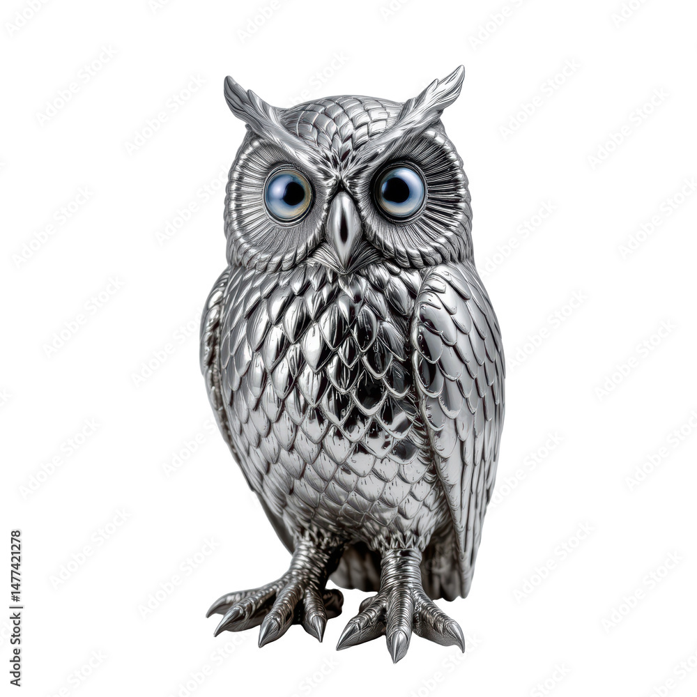 Obraz premium Shiny silver owl statue with detailed feathers and large blue eyes, standing upright with lifelike and elegant appearance
