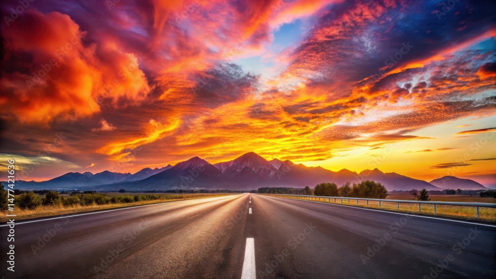 Naklejka premium Asphalt road leading towards majestic mountains under a vibrant, fiery sunset sky
