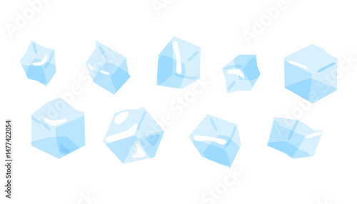 Cartoon Ice Cube Vector Collection. Set of transparent light blue ice cubes in a clean cartoon flat style. Each cube has a unique shape with soft reflections and subtle highlights isolated.