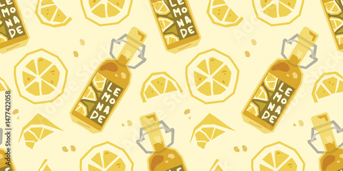 Fresh Lemon Bottle Seamless Pattern. Yellow lemonade bottles and sliced lemon pieces in a repeating layout. Bold flat cartoon style on a warm light background, with geometric elements and citrus textu