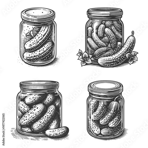 glass jars filled with pickled cucumbers Set collection bundle sketch engraving generative ai vector illustration. Scratch board imitation. Black and white image.