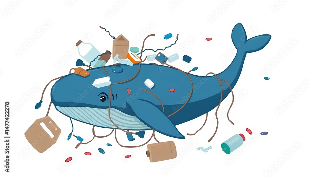 Obraz premium Sad whale drowning in plastic pollution for concept World Oceans Day