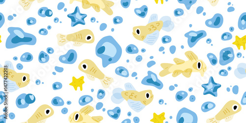 Playful Yellow Fish Bubbles Pattern. Seamless pattern with cute yellow fish, blue bubbles, and star shapes. Flat vector style, bright colors, and playful underwater mood.