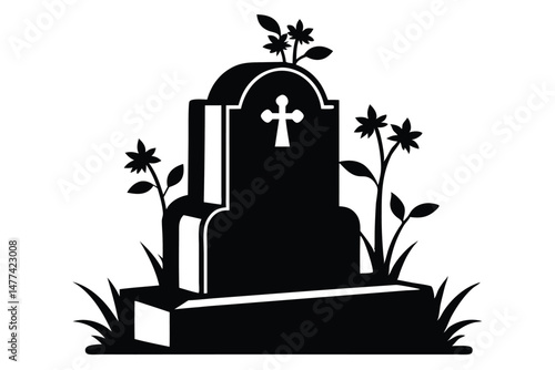 Grave Monument Silhouette with Flowers and Grass, Religious Symbolism, Remembrance and Mourning