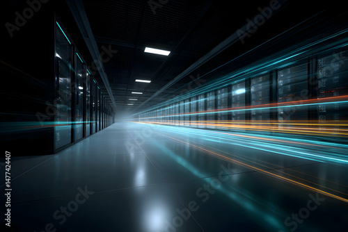 Futuristic Data Center with Motion Blur and Light Trails