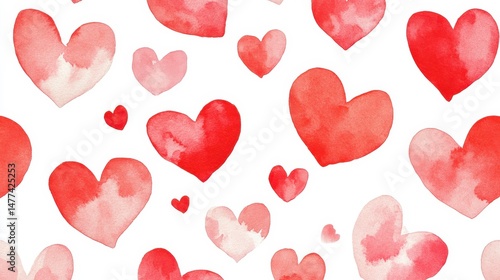 A pattern of various watercolor hearts in shades of red on a white background.
