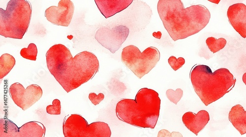 A pattern of various watercolor hearts in shades of red on a white background.