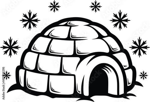 Modern igloo surrounded by snowflake silhouette vector illustration, igloo surrounded by snowflake line art vector, igloo surrounded by snowflake vector icon