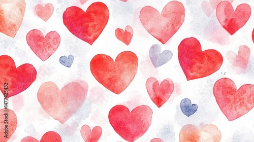A pattern of various watercolor hearts in shades of red on a white background.