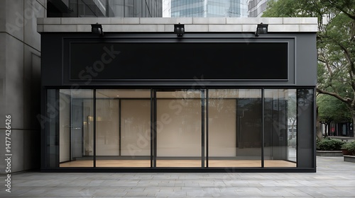 Horizontal black empty signage on clothes shop front with glass windows, website header, creative banner, copyspace image
