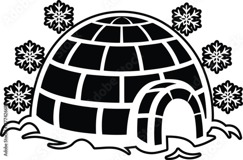 Modern igloo surrounded by snowflake silhouette vector illustration, igloo surrounded by snowflake line art vector, igloo surrounded by snowflake vector icon