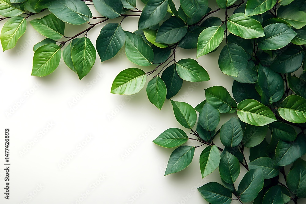 Fototapeta premium Green leaves border on a white background