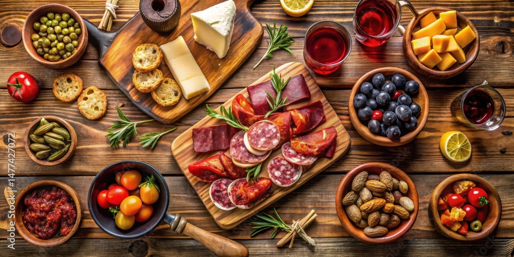 Fototapeta premium A Rustic Tabletop Featuring an Array of Gourmet Appetizers and Drinks for a Festive Gathering