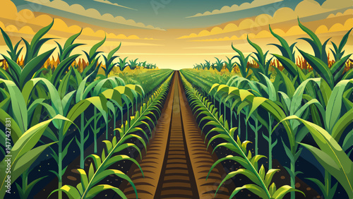 Rows of corn plants are perfectly aligned, showcasing nature’s harmony and the care of the farmer’s hand. The soil beneath is rich and dark, promising a healthy harvest in the months to come.