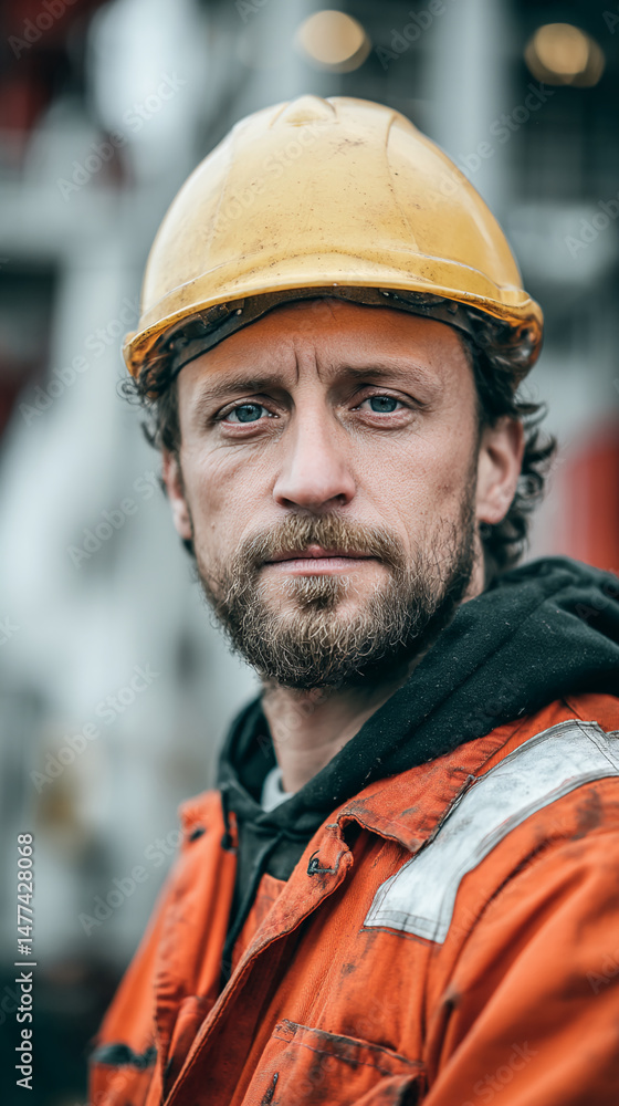 Close-up portrait of a man, wearing a yellow hard hat and orange work overalls, conveying strength and experience in his profession. Represents dedication and hard work. Close-up portrait of a man, wearing a yellow hard hat and orange work overalls, conveying strength and experience in his profession. Represents dedication and hard work.