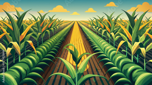 Rows of corn plants are perfectly aligned, showcasing nature’s harmony and the care of the farmer’s hand. The soil beneath is rich and dark, promising a healthy harvest in the months to come.