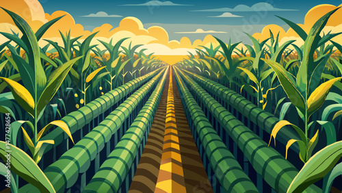 Rows of corn plants are perfectly aligned, showcasing nature’s harmony and the care of the farmer’s hand. The soil beneath is rich and dark, promising a healthy harvest in the months to come.