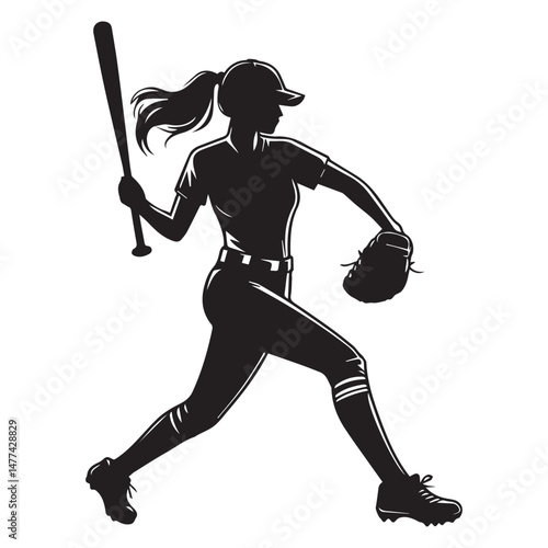 Female Baseball Player Silhouette Vector Design Template Illustration white background