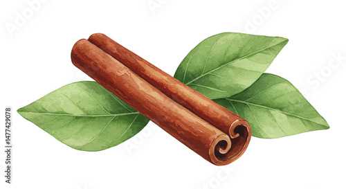 Elegant Watercolor Style Illustration Showcases Two Cinnamon Sticks Resting On Three Vibrant Green Leaves Creating A Warm Inviting Aesthetic Ideal For Culinary And Autumn Themed Designs